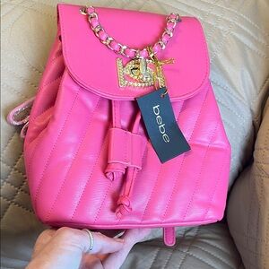 bebe Hot Pink Quilted Hera Leather Backpack with Gold Chain